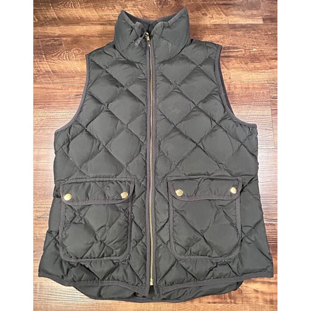 J Crew Puffer Vest Women's Black Quilted Down Full Zip Gold Buttons